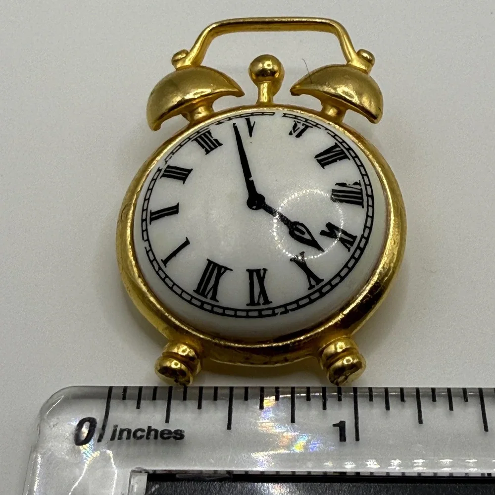 Vintage Gold Tone Alarm Clock Brooch Roman Numeral Face Novelty Pin